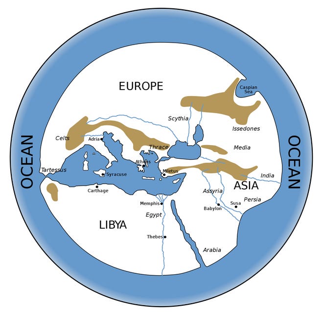 Map of the world according to Hecateus, sixth century B.C. [Marco Prins and Jona Lendering/Wikimedia Commons]