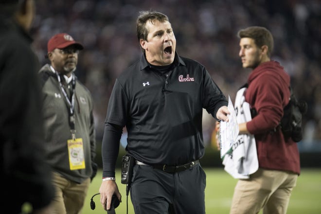 South Carolina coach Will Muschamp returns to Gainesville this week. Muschamp was the Florida coach from 2011-14 and compiled a 28-21 overall record, 17-15 in the SEC. [Sean Rayford/Associated Press]