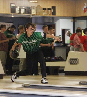 Kyle Cones steps into his throw during Geneseo's dual against Ottawa at Lee's Lanes.