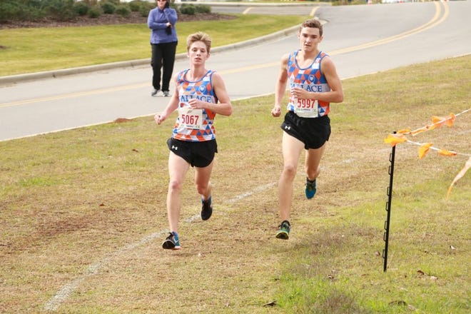 Wallace State's Eli Wilhite, left, and Tanner King will take part in the National Junior College Athletic Association Cross Country Championships this weekend in Kansas. King, a native of Samantha and a two-time high school state champion at Northside High School, took the individual top spot in the Alabama Community College Conference men’s cross country championship and was named the ACCC Runner of the Year. [Submitted photo]