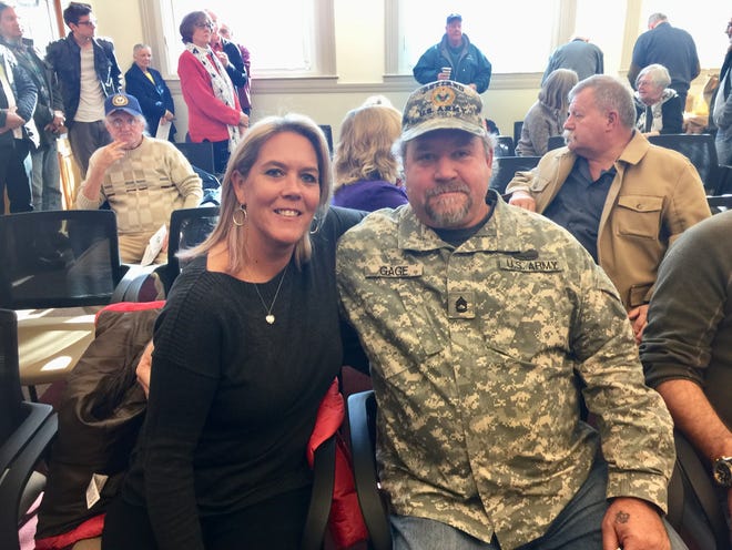 Rebecca Richard and Rusty Gage, an Iraq veteran, took part in Barnstable's inaugural Veterans Town Hall in 2017. [BP FILE PHOTO]