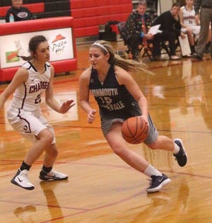 Monmouth-Roseville senior Mackenzie Connell drives to the hoop last season for the Titans. Connell, the lone senior for M-R this season, is switching to small forward this season. The Titans will have their scrimmage tonight at the Shoebox. FILE PHOTO.