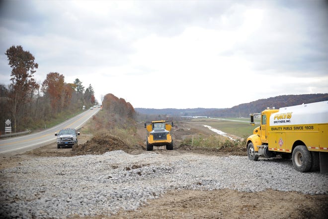 Crews work along Route 288 in Franklin Township on Thursday by the Zelienople Municipal Airport. This $3 million construction project will re-route a portion of 288. The project is targeted to finish up in late 2020. [Dani Fitzgerald/ECL Staff]