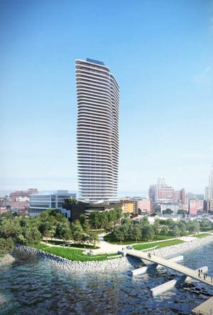 A rendering of the proposed 46-story Hope Point Tower, which developer Jason Fane wants to build on former Route 195 land downtown. [The Providence Journal, file]