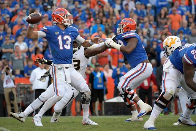 Florida quarterback Feleipe Franks (13) will be back at quarterback today against South Carolina after Kyle Trask broke his foot in practice this week. [Phelan M. Ebenhack/The Associated Press]