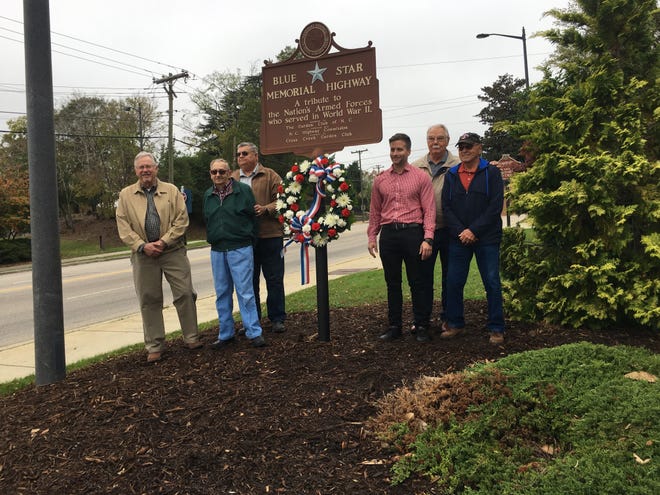 Veterans David Alabaster, left, Leon Hope, Willie Brown, Justin Brown, Don Talbot and J.V. Stephenson attended Friday's wreath-laying at the Blue Star Memorial Highway marker at Freedom Memorial Park. [Contributed photo/Gerri Arrowood]