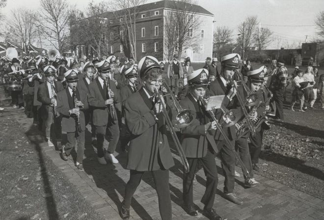 The Barnstable Middle School Marching Band performs at the Hyannis Village Green on Veterans’ Day in 1988. [BARNSTABLE PATRIOT FILES/W.B. NICKERSON CAPE COD HISTORY ARCHIVES]