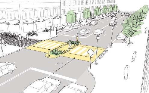 Examples of some features, highlighted in color, that could come to Seventh Avenue as part of planned streetscape improvements, including trees and a raised "speed table" pedestrian crossing. [WATERMARK LANDSCAPE ARCHITECTURE]