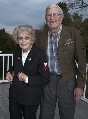 Barbara and Pasquale "Pat" Berardi of Milford pose in their World War II uniforms. Barbara, who served in the Navy, didn't meet her husband, an Army rifleman, until after the war had ended. [Daily News and Wicked Local Staff Photo/Art Illman]
