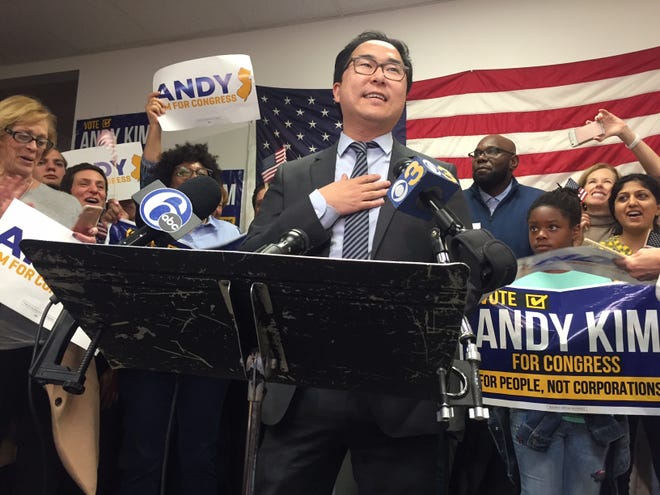 Democrat Andy Kim declares victory in the 3rd Congressional District race against Republican incumbent Rep. Tom MacArthur on Wednesday. [DAVID LEVINSKY / STAFF PHOTOJOURNALIST]