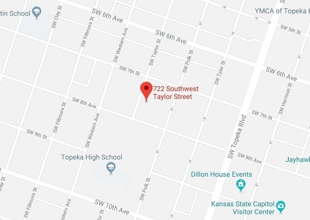 One person was pronounced dead Sunday after Topeka firefighters responded to a blaze at an apartment building at 722 S.W. Taylor. [Google Maps]