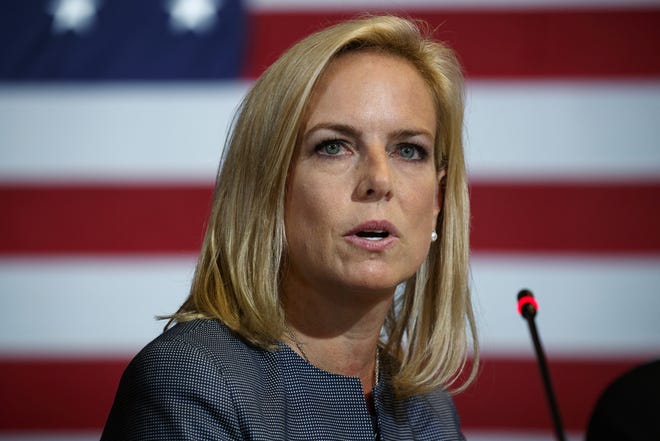 FILE - In this May 23, 2018 file photo, Secretary of Homeland Security Kirstjen Nielsen speaks during a roundtable on immigration policy with President Donald Trump at Morrelly Homeland Security Center, in Bethpage, N.Y. President Donald Trump has soured on Homeland Security Secretary Kirstjen Nielsen and she is expected to leave her job as soon as this week. ThatþÄôs according to two people who spoke to the Associated Press on condition of anonymity.  (AP Photo/Evan Vucci)