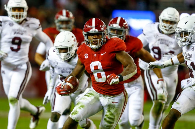 Alabama running back Josh Jacobs (8) carries the ball during the second half of an NCAA college football game against Mississippi State, Saturday, Nov. 10, 2018, in Tuscaloosa, Ala. (AP Photo/Butch Dill)