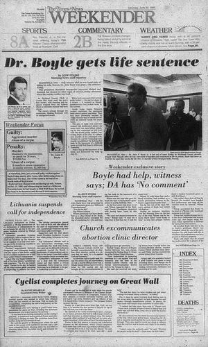 The front page of the Erie Times-News Weekender from June 30, 1990, carrying news of the conviction of Dr. John Boyle in Mansfield, Ohio. [FILE PHOTO/ERIE TIMES-NEWS]