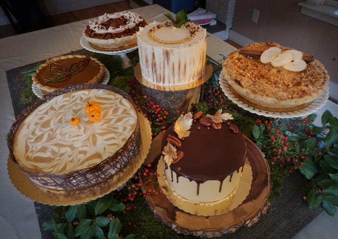 A selection of the cakes and pies available at Confectionery Designs includes (clockwise from bottom left) pumpkin cheesecake pie, pumpkin pie, pecan pie, Apple Caramel Cider Cake, Apple & Pear Pie and Chocolate Turtle Cake.

 [The Providence Journal / Sandor Bodo]