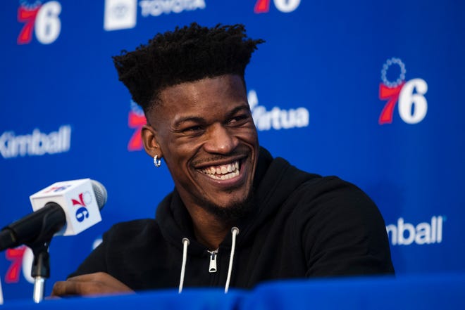 Philadelphia 76ers' Jimmy Butler speaks with members of the media during a news conference Tuesday in Camden, N.J. [Matt Rourke/The Associated Press]