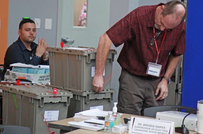 Broward County election planning director Joseph D'Alessandro, right, works in the recount continuing Tuesday throughout Florida. Elections officials have a 3 p.m. Thursday deadline to complete the recount. [Miami Herald via AP/Christian Colon]