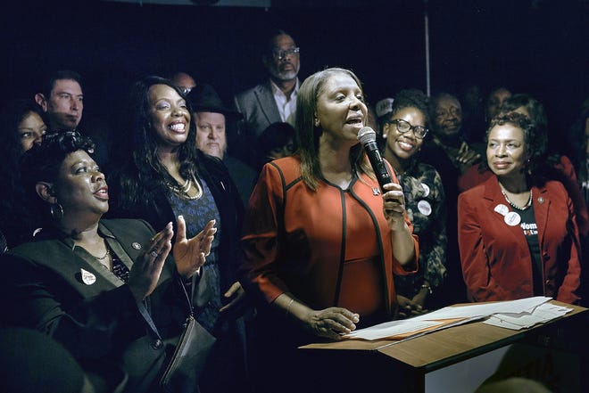 In this Nov. 6 file photo, Letitia James, D-NY, speaks to supporters after winning the New York Attorney General's race in New York. James, who made history that night as the first African-American woman elected to hold statewide New York office as the state attorney general, said the example set by the late Rep. Shirley Chisholm matters all this time later because "we're fighting for the same people who don't have a voice at the table." [ANDRES KUDACKI/ASSOCIATED PRESS]