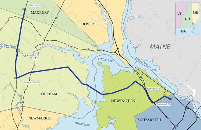 Eversource's proposed Seacoast Reliability Project calls for a 115-kilowatt transmission line 13 miles from Madbury, through Durham and Newington and ending in Portsmouth. [Courtesy of Eversource]