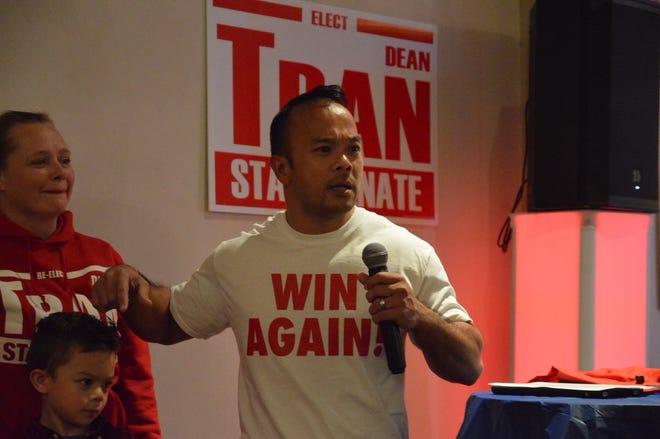 State Sen. Dean Tran (R-Fitchburg) wears a T-shirt that states “Win Again!” as he speaks to supporters Tuesday, Nov. 6. [DAVID DORE PHOTO]