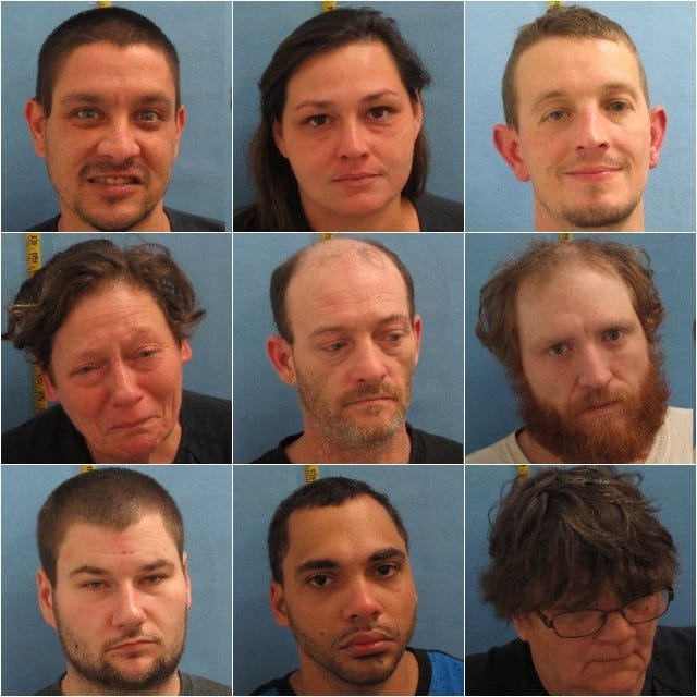 The nine people arrested on drug charges in Logan County were (top row, from left) Nicholas A. Berg, Christina M. Falcon, Justin L. Charron, (middle row, from left), Dawn A. Crawford, Richard L. Dinger, Mark A. Helton, (bottom row, from left), Jesse F. Quisenberry, Adam Reed and Denice K. Miner. [Lincoln Police Department]