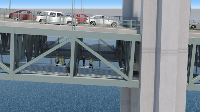 The state's bridge regulators have determined it is feasible to add paths for pedestrians and bicyclists to the Pell Bridge, among others. This rendering shows a path beneath the road decking near the bridge's peak. [R.I. Turnpike and Bridge Authority]