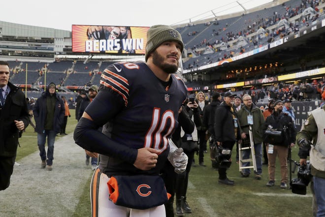 Chicago Bears quarterback Mitchell Trubisky (10) runs off the field after a game against the Detroit Lions, Sunday, Nov. 11, 2018, in Chicago. The Bears won 34-22. The former No. 2 overall pick has captivated Bears fans with his performances this season. [NAM Y. HUH/THE ASSOCIATED PRESS]