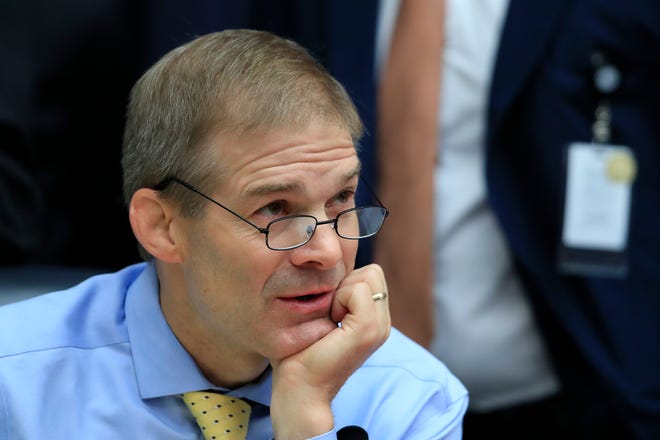 FILE - In this July 12, 2018, file photo, Rep. Jim Jordan, R-Ohio attends a joint hearing on, "oversight of FBI and Department of Justice actions surrounding the 2016 election" on Capitol Hill in Washington. Frustration and finger-pointing spilled over at a private meeting of House Republicans late Tuesday, Nov. 13, as lawmakers sorted through an election that cost the majority and began considering new leaders. The speaker’s gavel now out of reach, Republican Kevin McCarthy, an ally of President Donald Trump, is poised to be minority leader. But he faces a challenge from Jordan of the conservative Freedom Caucus. (AP Photo/Manuel Balce Ceneta, File)