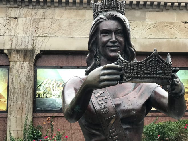 A statue of Miss America decorates the plaza in front of Boardwalk Hall. The pageant has been a marketing bonanza for Atlantic City since 1921. [Photo by Rick Holmes]