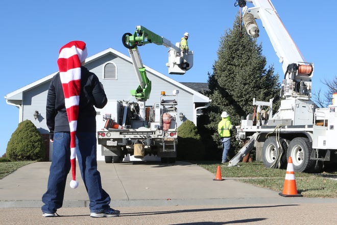 The city's official Christmas tree for 2018 was cut down Thursday morning by Westar Energy crews, with assistance from the Asplundh tree company, in the 2800 block of S.W. Santa Fe Drive, southwest of Topeka. [Thad Allton/The Capital-Journal]