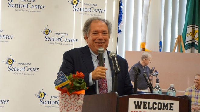 Pawtucket Red Sox President Dr. Charles Steinberg speaks to a crowd at the Worcester Senior Center Thursday.