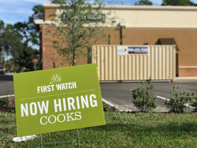 A hiring sign can be seen on Nov. 3, 2018 behind the new First Watch restaurant at 1765 Dunlawton Ave. in Port Orange. The breakfast/lunch-only restaurant, which employs 30 workers, opened on Monday, Nov. 12, but is still accepting applications, says manager Taylor Hengstler. [News-Journal/Clayton Park]