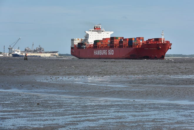 The container ship Monte Aconcagua makes its way up the St. Johns River on its way to the Blount Island Marine Terminal, one of three terminals operated by JaxPort. [Will Dickey/Florida Times-Union]