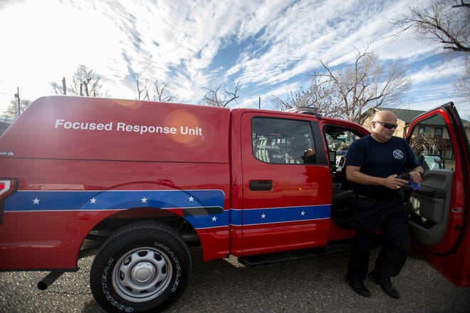 Firefighter Joey Gutierrez responds Friday to an emergency call as part of a new two-man Pueblo Fire Department emergency response team.

[CHIEFTAIN PHOTO/STEPHEN SWOFFORD]