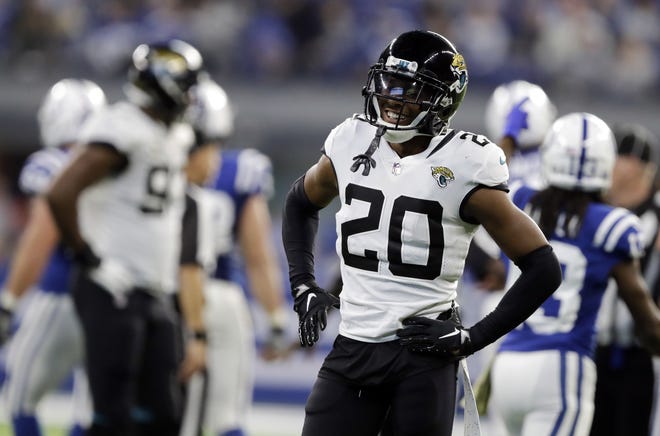 Jacksonville Jaguars cornerback Jalen Ramsey (20) reacts during a game against the Indianapolis Colts last week in Indianapolis. Regardless of his rant on social media, Ramsey says he would love to spend his career with the Jaguars. And the chatty cornerback has a video game to prove it. [AP Photo/Darron Cummings, File]
