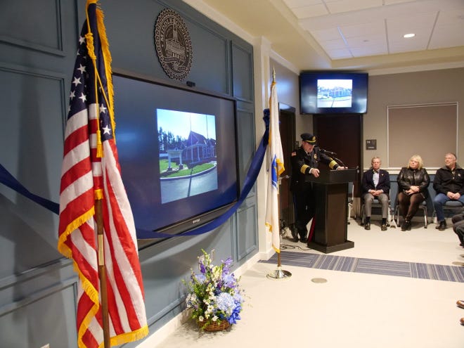 Chief Joseph Perkins speaks during the ribbon-cutting ceremony at the new Middleboro police station on Saturday, Nov. 17, 2018. Middleboro Police Department photo