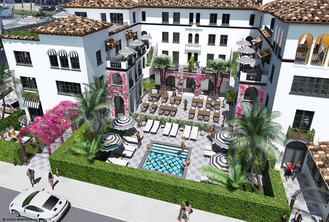 A birds-eye rendering of the renovations planned for the Bradley Park Hotel shows the location of the swimming pool near Sunset Avenue. [Rendering courtesy Elkus Manfredi Architects]