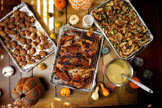 Thanksgiving cooking story: Everything will be cooked on a sheet pan. There will be four recipes: turkey, vegetables (Brussel sprouts with pear), potatoes and gravy.(Kirk McKoy / Los Angeles Times)