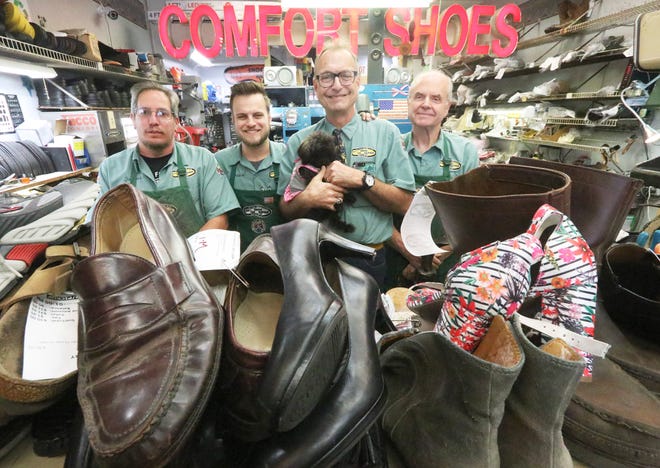 Ira Freedman, center-right, opened his shoe repair business in 1987 and is the lone original tenant in Ormond Beach's Rivergate Plaza. “Do quality work. Give customers what they want, and then give them a little bit extra," he says in explaining his success along with Gabriel Herman, left, son Brian Freedman and Frank Hayes. [News-Journal/David Tucker]