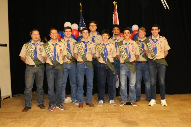 Earning Eagle Scout status from Troop 52 are, from left to right, Austin Archuleta, Grant Webb, Nick Meier, Cory Smith, Kirkland Schwitters, Salvador Alanis, Andrew Cohan, Cortland DeNisio, Preston Holloway and Luke Arney.