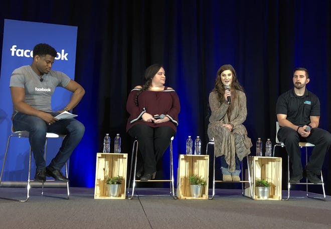 Josh Abah of Facebook speaks with local business owners and employees, Skyler Haput, Chelsea George, and Nik Sohoritis about how they utilize social media in their businesses during an event in Shelby. [Casey White/The Star]