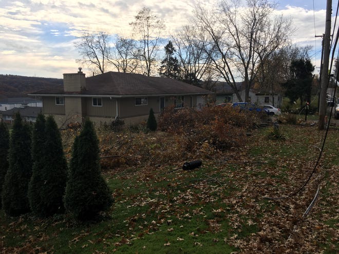 Tree remnants sit in the yard of Sarah and Glenn Pierce, 628 Norwood Drive in Big Beaver. A tree fell into the yard Nov. 6 causing electrical damage and a power outage. [Courtesy of Anthony Cisco]