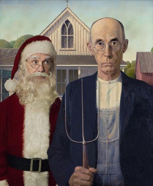 Ed Wheeler as Santa works his way into Grant Wood's "American Gothic" in the exhibit "Santa Classics." [Courtesy of the Appleton Museum of Art]