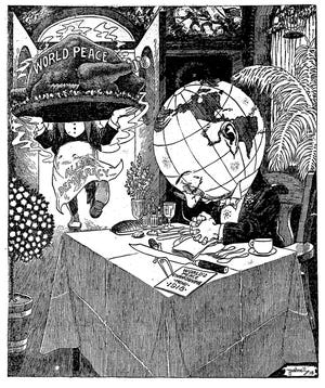 A cartoon published in the Illinois State Register on Thanksgiving Day in 1918 showed President Woodrow Wilson delivering peace to a grateful world. [File/The State Journal-Register]
