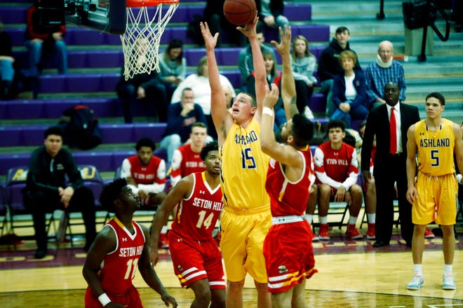 Ashland University's Drew Noble (15) goes up for a shot against Seton Hill University during Wednesday's game at Kates Gymnasium. Noble scored a game-high 25 points in the Eagles' 73-62 win over the Griffins.
