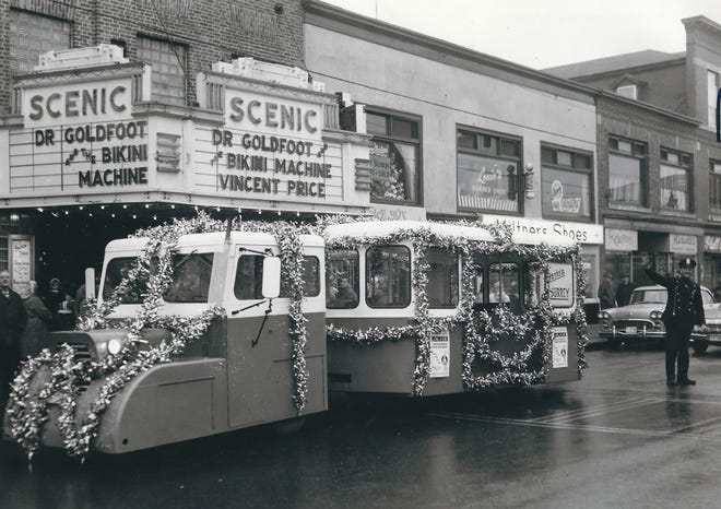 Santa's Surrey in front of the Scenic Theater in the annual Christmas Parade mid-1960s. The film Dr. Goldfoot and the Bikini Machine came out in November 1965. [Courtesy photo]