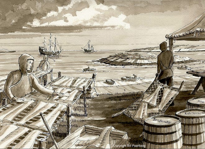 Seven years before the arrival of the Portsmouth settlers at Strawberry Bank, a group of fishermen led by David Thomson and his wife Amais arrived at what is now Odiorne Point in Rye. This brief settlement in 1623 established the date from which New Hampshire takes its founding. This contemporary illustration by Bill Paarlberg shows how a similar fishing operation may have looked at Rye and at the Isles of Shoals in the early 17th century [Image courtesy of Bill Paarlberg]