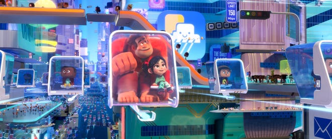 Videogame characters Wreck-It Ralph and Vanellope von Schweetz (voices of John C. Reilly and Sarah Silverman, center) venture to the internet in search of a replacement part for her game, Sugar Rush. [WALT DISNEY STUDIOS MOTION PICTURES]