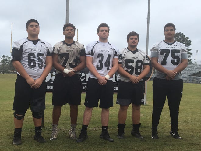 Havelock's offensive line (left to right): Jacob Price, Malicha Bibb, Ryan Buchanan, Nate Willett and Nishad Strother have paved the way this season for the Rams' high-powered offense. [JORDAN HONEYCUTT / SUN JOURNAL STAFF]