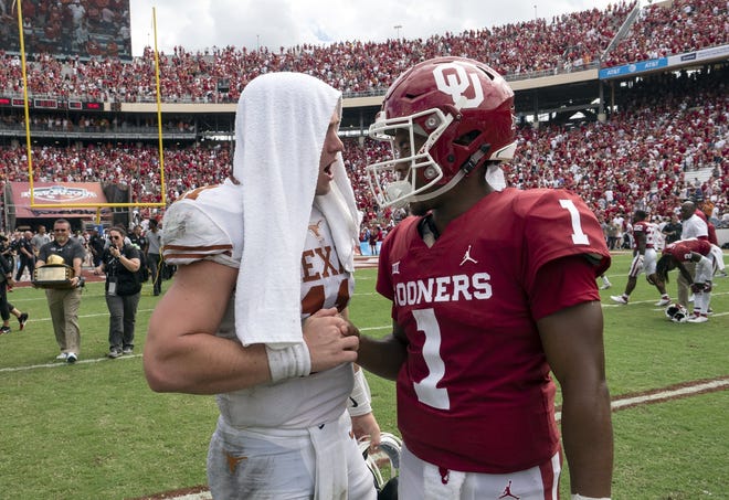 Texas quarterback Sam Ehlinger attempts to congratulate Oklahoma's Kyler Murray after the Longhorns' win in October. Murray was asked Monday about his thoughts on Ehlinger's play. He declined to comment. [RODOLFO GONZALEZ/FOR AMERICAN-STATESMAN]